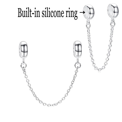 Safety Chain with Silicon Ring Sterling Silver Charm Hallmarked S925 for Charm Bracelet and Necklace