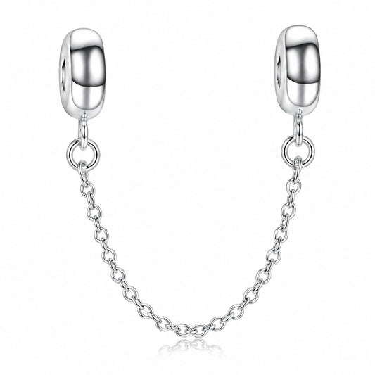 Safety Chain with Silicon Ring Sterling Silver Charm Hallmarked S925 for Charm Bracelet and Necklace