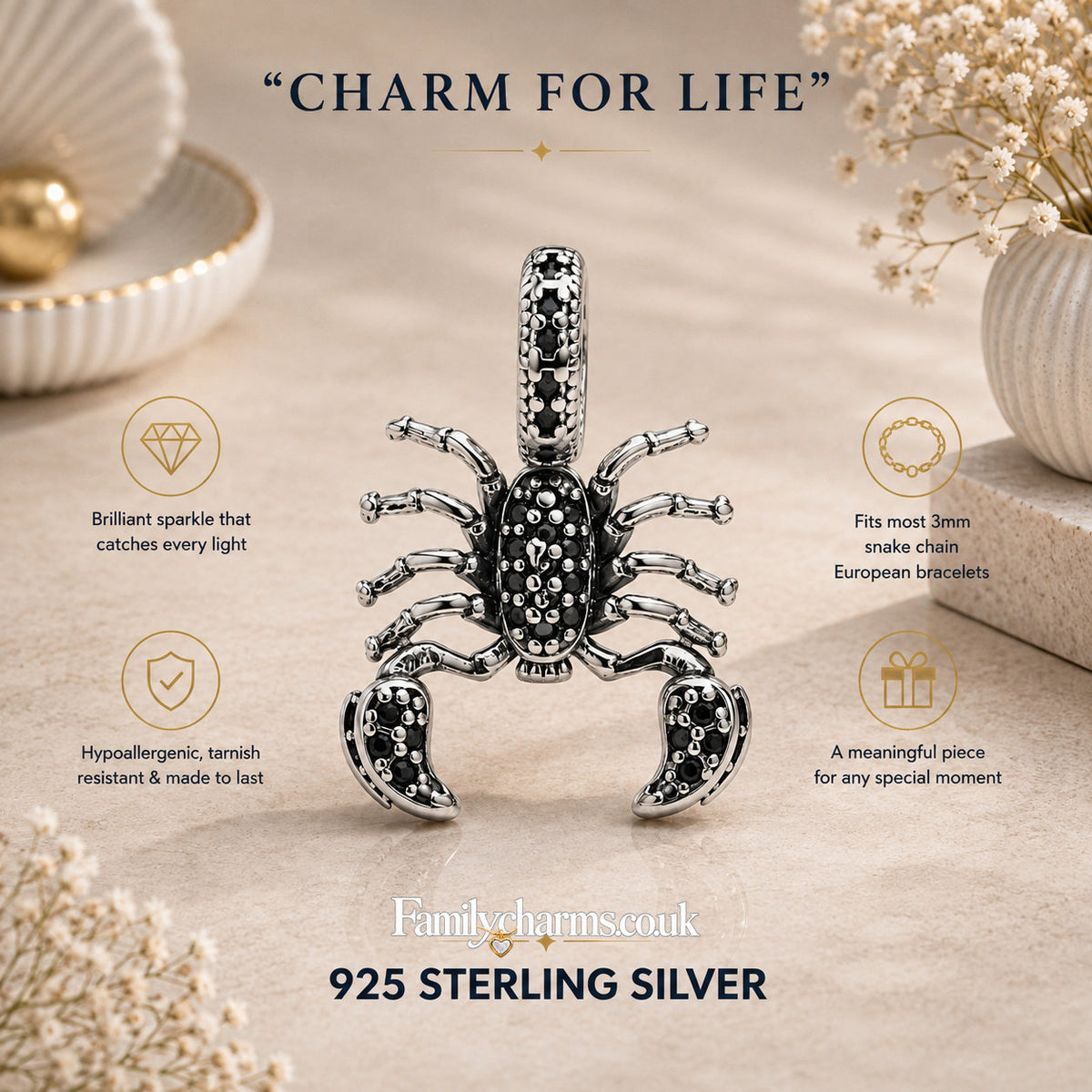 Black Scorpion Dangle Charm Hallmarked S925 for Charm Bracelet and Necklace