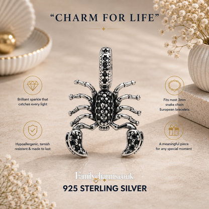 Black Scorpion Dangle Charm Hallmarked S925 for Charm Bracelet and Necklace