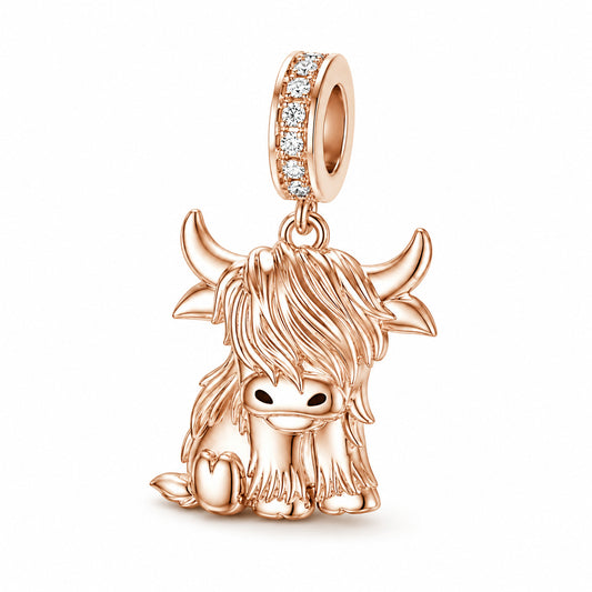 Scottish Highland Cow Rose Gold Sterling Silver Charm Hallmarked S925 for Charm Bracelet and Necklace
