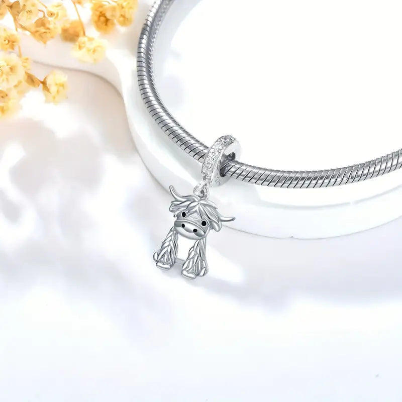 Scottish Cow Dangle Sterling Silver Charm Hallmarked S925 for Charm Bracelet and Necklace