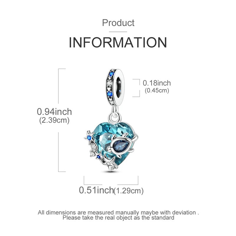 Sea Turtle Starfish Heart Dangle Sterling Silver Charm Hallmarked S925 for Charm Bracelet and Necklace