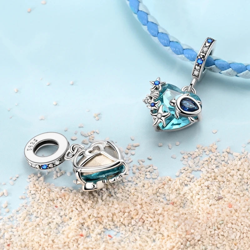 Sea Turtle Starfish Heart Dangle Sterling Silver Charm Hallmarked S925 for Charm Bracelet and Necklace