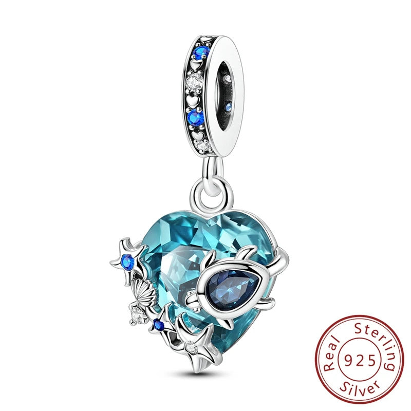 Sea Turtle Starfish Heart Dangle Sterling Silver Charm Hallmarked S925 for Charm Bracelet and Necklace