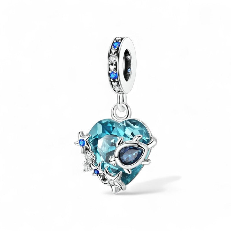 Sea Turtle Starfish Heart Dangle Sterling Silver Charm Hallmarked S925 for Charm Bracelet and Necklace