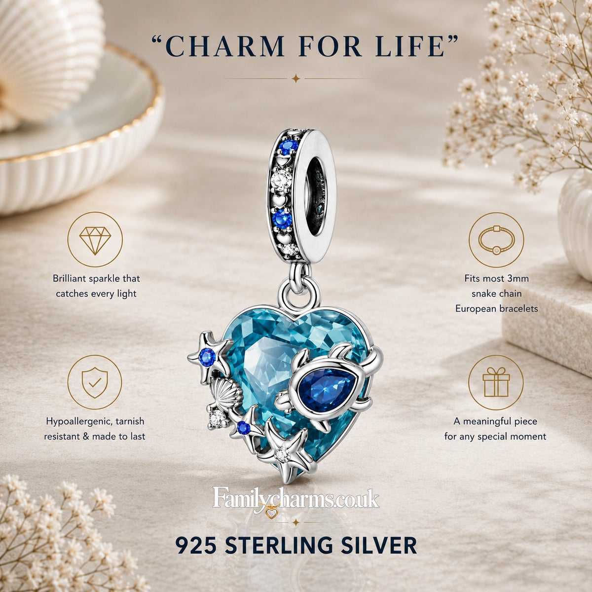 Sea Turtle Starfish Heart Dangle Sterling Silver Charm Hallmarked S925 for Charm Bracelet and Necklace