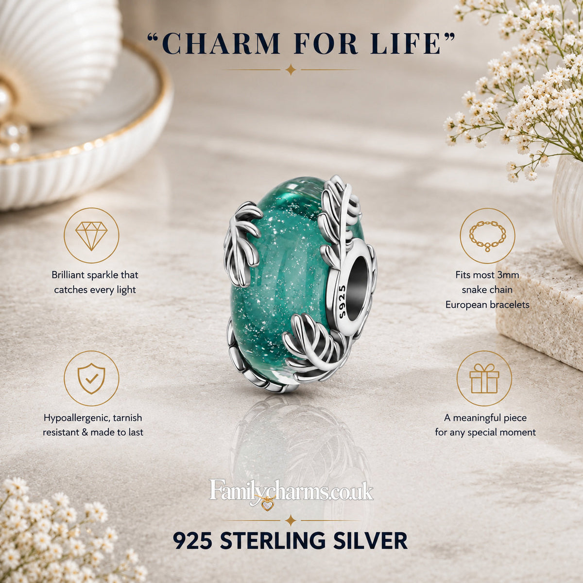 Seaweed Murano Glass Bead Hallmarked S925 for Charm Bracelet and Necklace