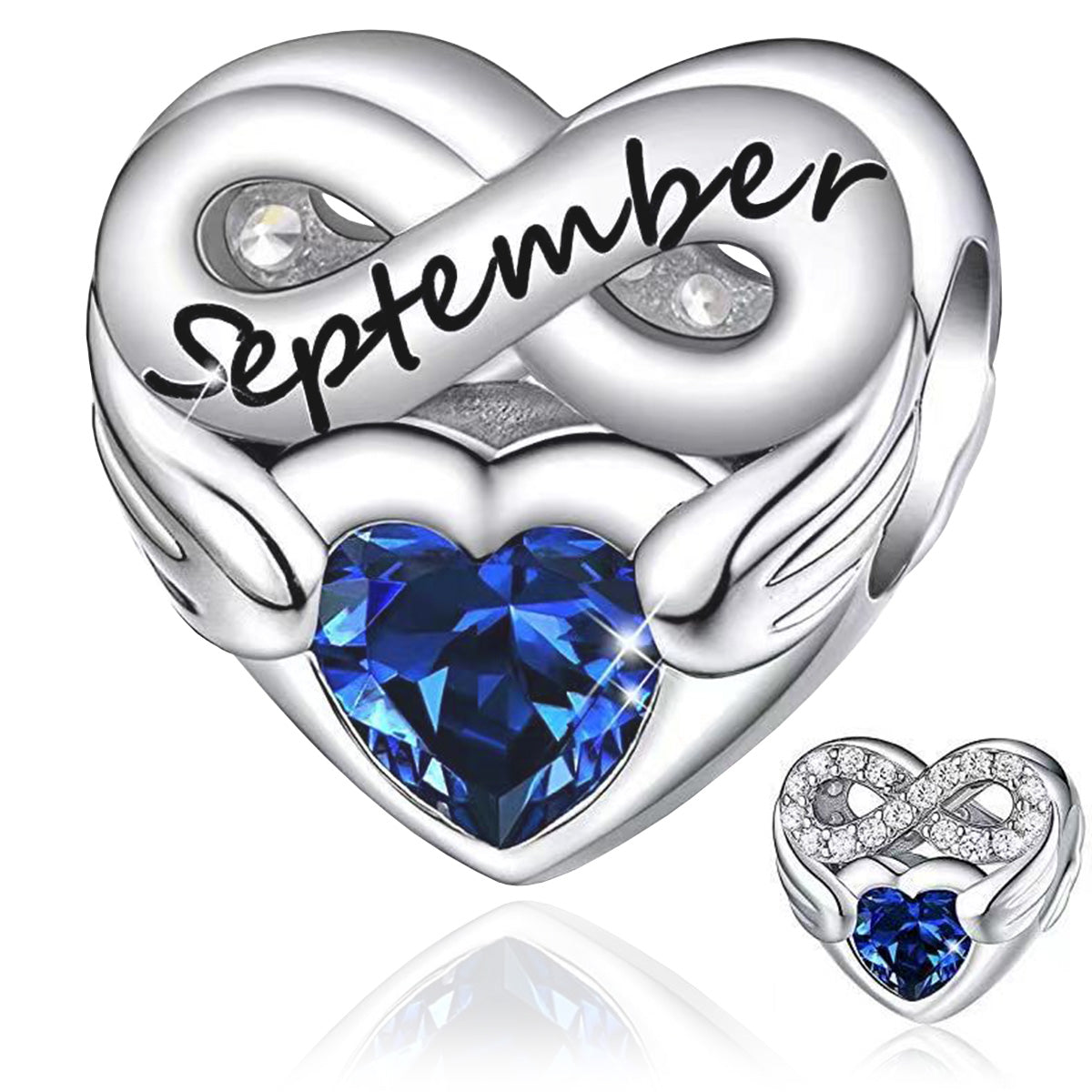 September Birthstone Months Heart Charm for Bracelet, S925 Sterling Silver