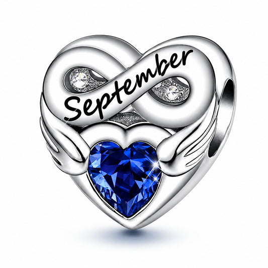 September Birthstone Months Heart Charm for Bracelet, S925 Sterling Silver