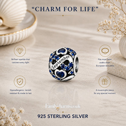 September Birthstone Infinity Birthday Bead Sterling Silver Charm Hallmarked S925 for Charm Bracelet and Necklace