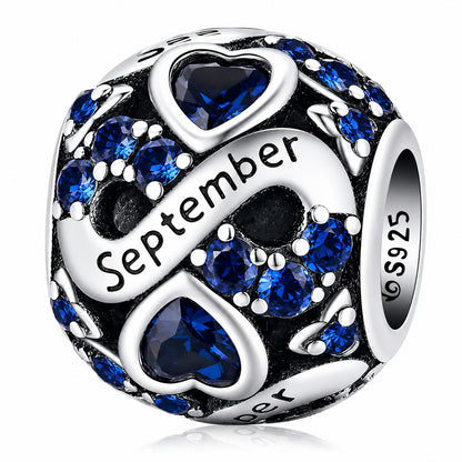 September Birthstone Infinity Birthday Bead Sterling Silver Charm Hallmarked S925 for Charm Bracelet and Necklace