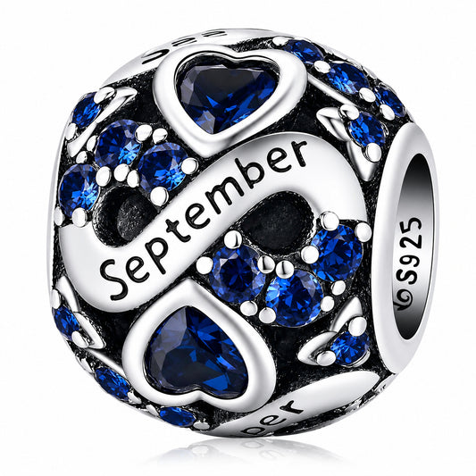 September Birthstone Infinity Birthday Bead Sterling Silver Charm Hallmarked S925 for Charm Bracelet and Necklace