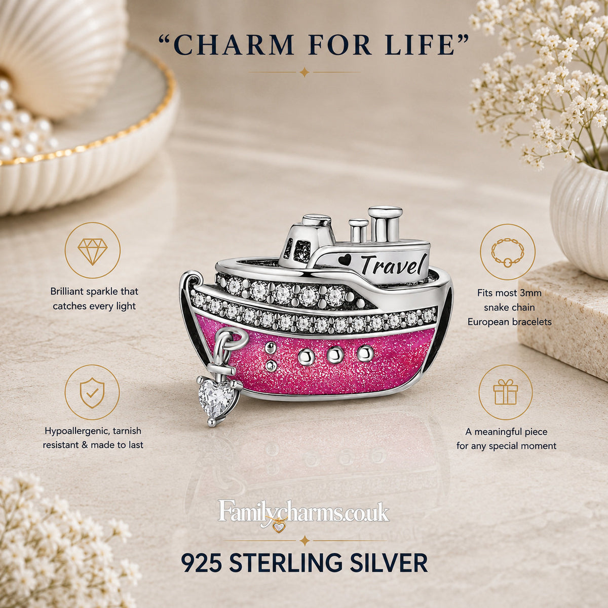 Ship Bead Charm Sterling Silver Charm Hallmarked S925 for Charm Bracelet and Necklace