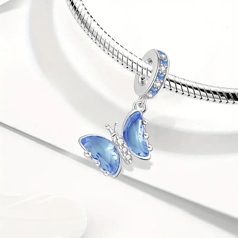 Silver & Blue Butterfly Sterling Silver Charm Hallmarked S925 for Charm Bracelet and Necklace