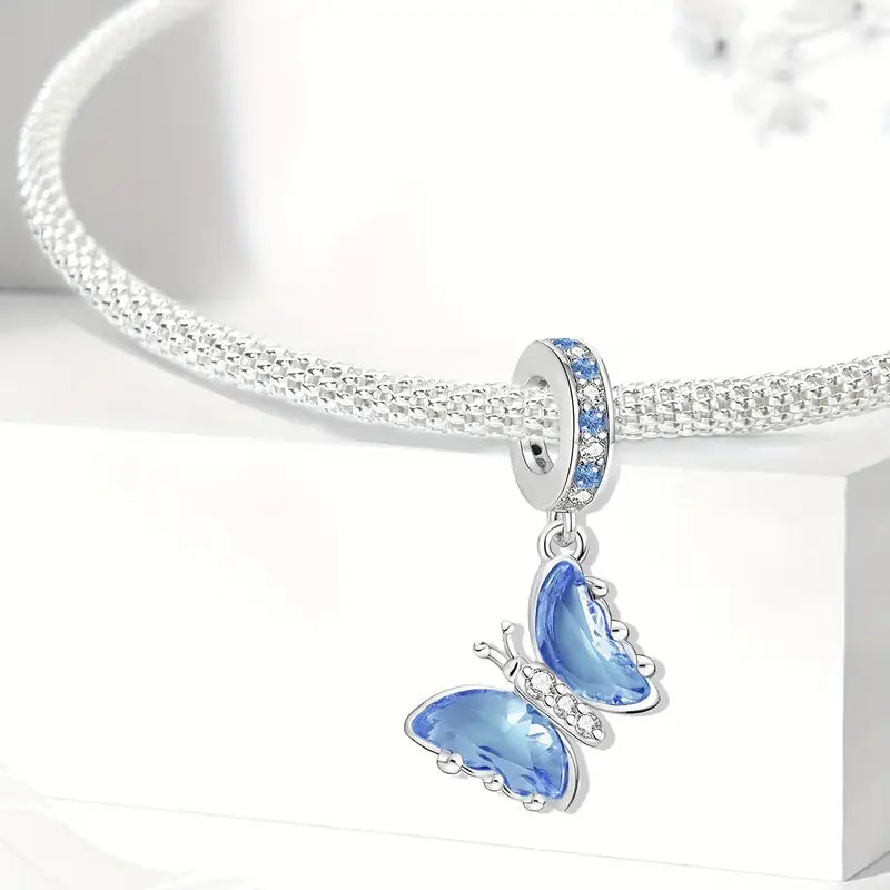 Silver & Blue Butterfly Sterling Silver Charm Hallmarked S925 for Charm Bracelet and Necklace