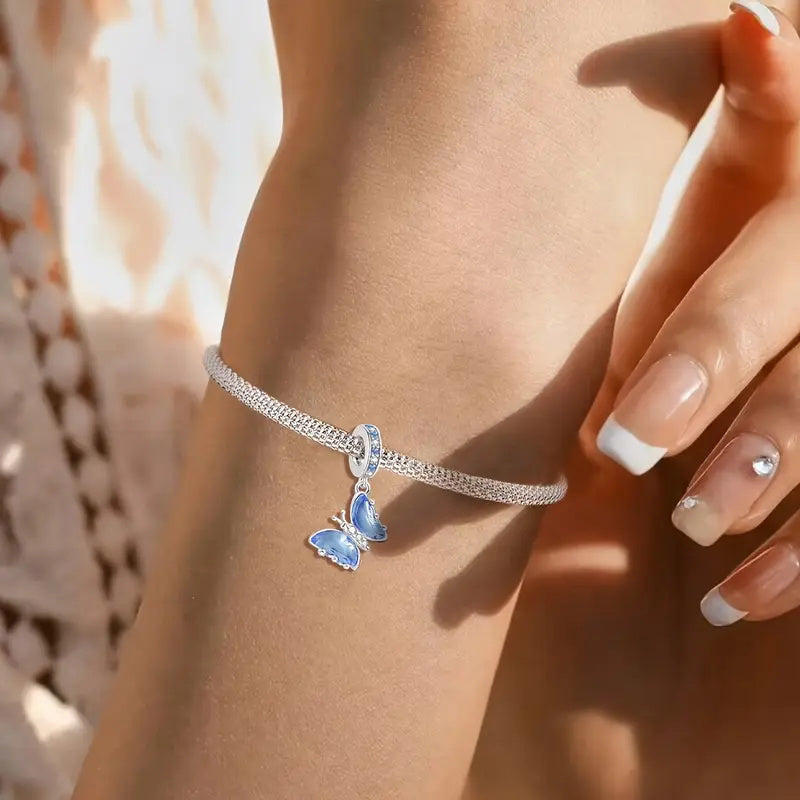 Silver & Blue Butterfly Sterling Silver Charm Hallmarked S925 for Charm Bracelet and Necklace