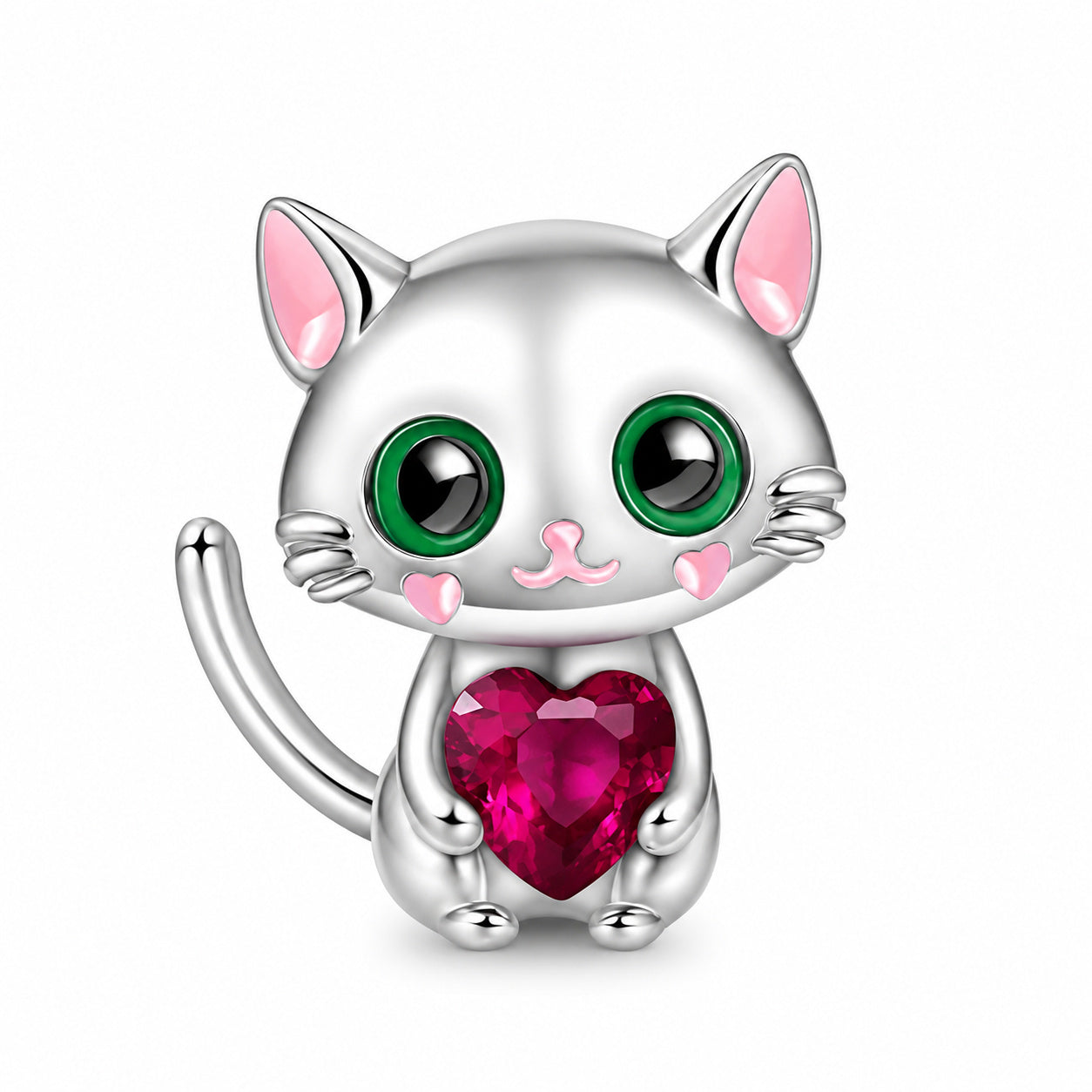 Silver Cat with Heart Charm for Bracelet, S925 Sterling Silver