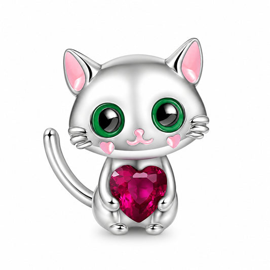 Silver Cat with Heart Charm for Bracelet, S925 Sterling Silver