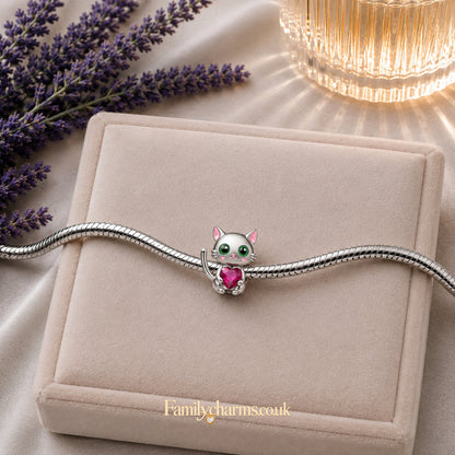 Silver Cat with Heart Charm for Bracelet, S925 Sterling Silver