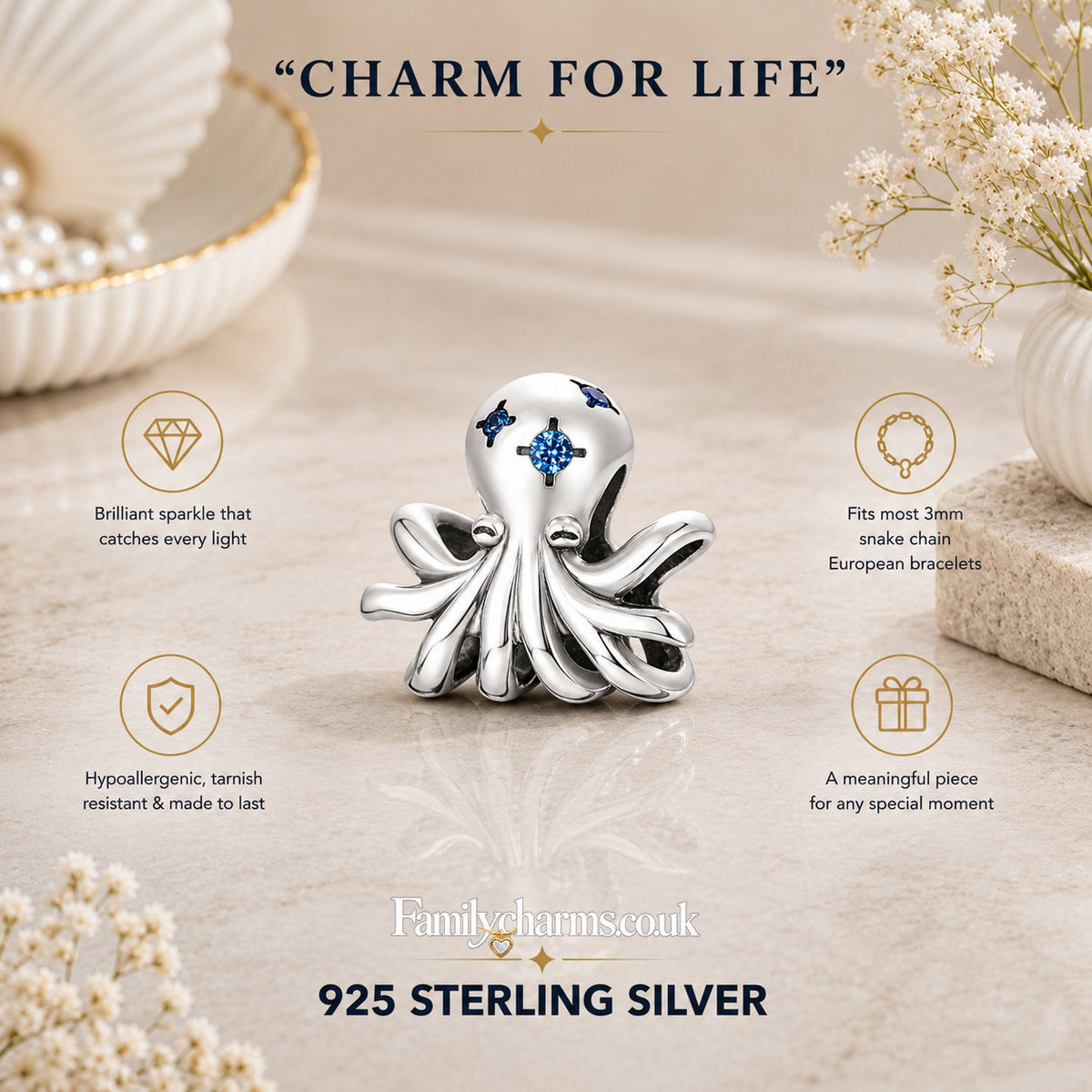 Octopus Charm for Bracelet, S925 Sterling Silver