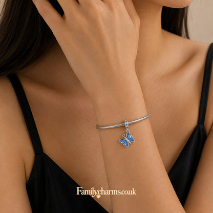Silver & Blue Butterfly Sterling Silver Charm Hallmarked S925 for Charm Bracelet and Necklace