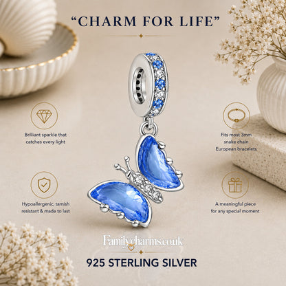 Silver & Blue Butterfly Sterling Silver Charm Hallmarked S925 for Charm Bracelet and Necklace