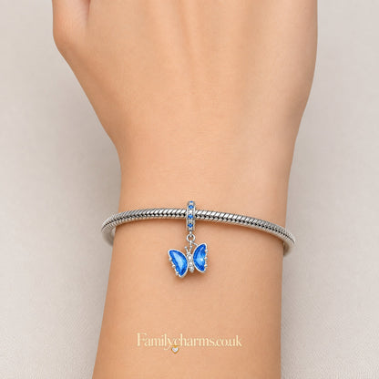 Silver & Blue Butterfly Sterling Silver Charm Hallmarked S925 for Charm Bracelet and Necklace