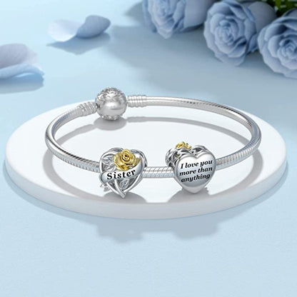 Sister Rose Flower Heart Sterling Silver Charm Hallmarked S925 for Charm Bracelet and Necklace