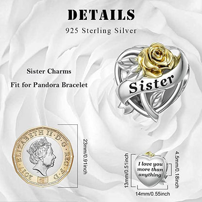Sister Rose Flower Heart Sterling Silver Charm Hallmarked S925 for Charm Bracelet and Necklace