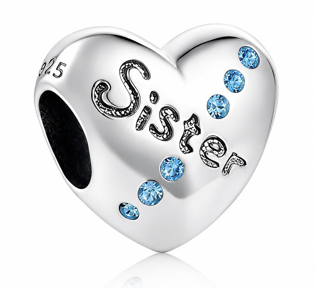 Blue CZ Sister Heart Sterling Silver Charm Hallmarked S925 for Charm Bracelet and Necklace