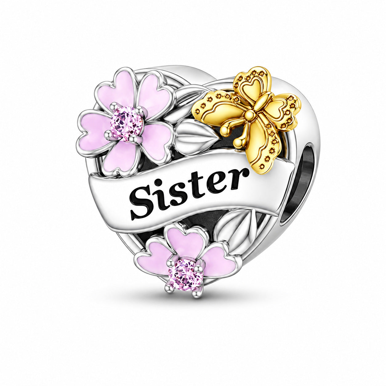 Sister Flower and Butterfly Heart Sterling Silver Charm Hallmarked S925 for Charm Bracelet and Necklace