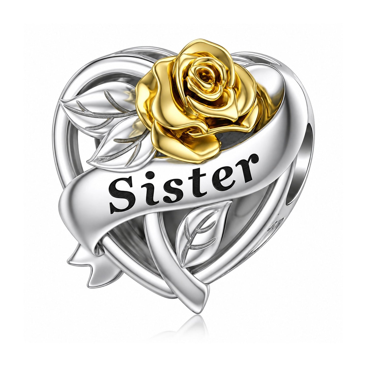 Sister Rose Flower Heart Sterling Silver Charm Hallmarked S925 for Charm Bracelet and Necklace