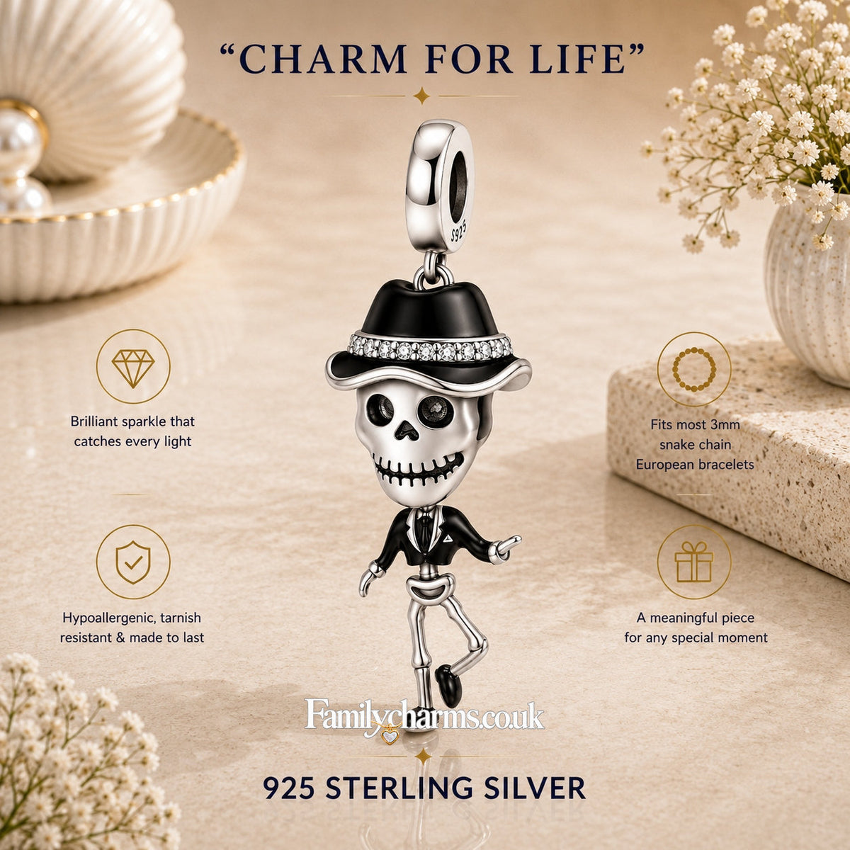 Skeleton Man Halloween Charm Hallmarked S925 for Charm Bracelet and Necklace