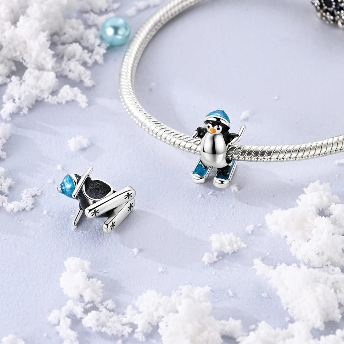 Skiing Penguin Bead Sterling Silver Charm Hallmarked S925 for Charm Bracelet and Necklace
