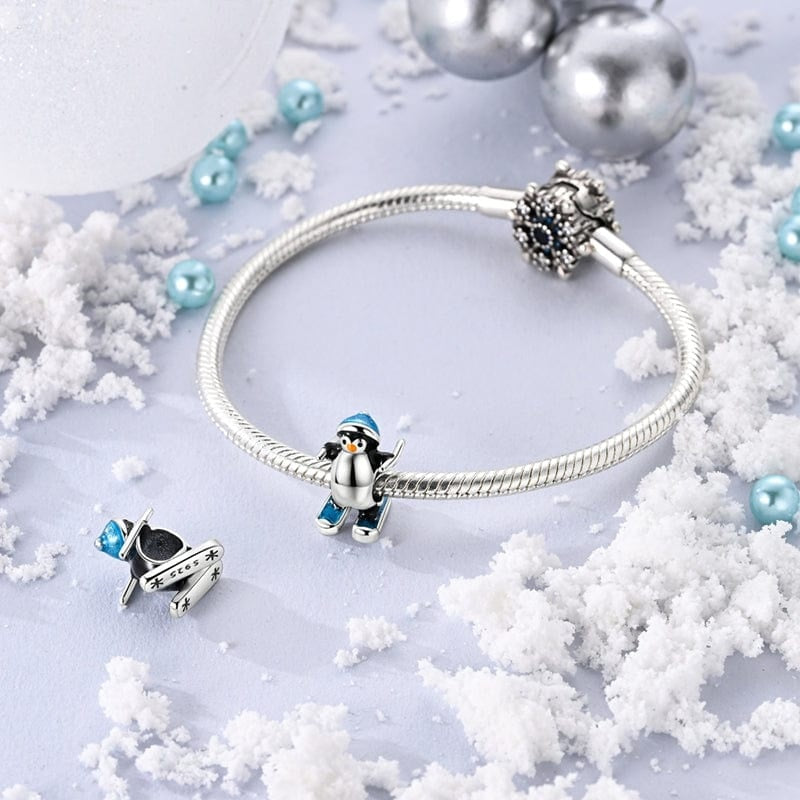 Skiing Penguin Bead Sterling Silver Charm Hallmarked S925 for Charm Bracelet and Necklace