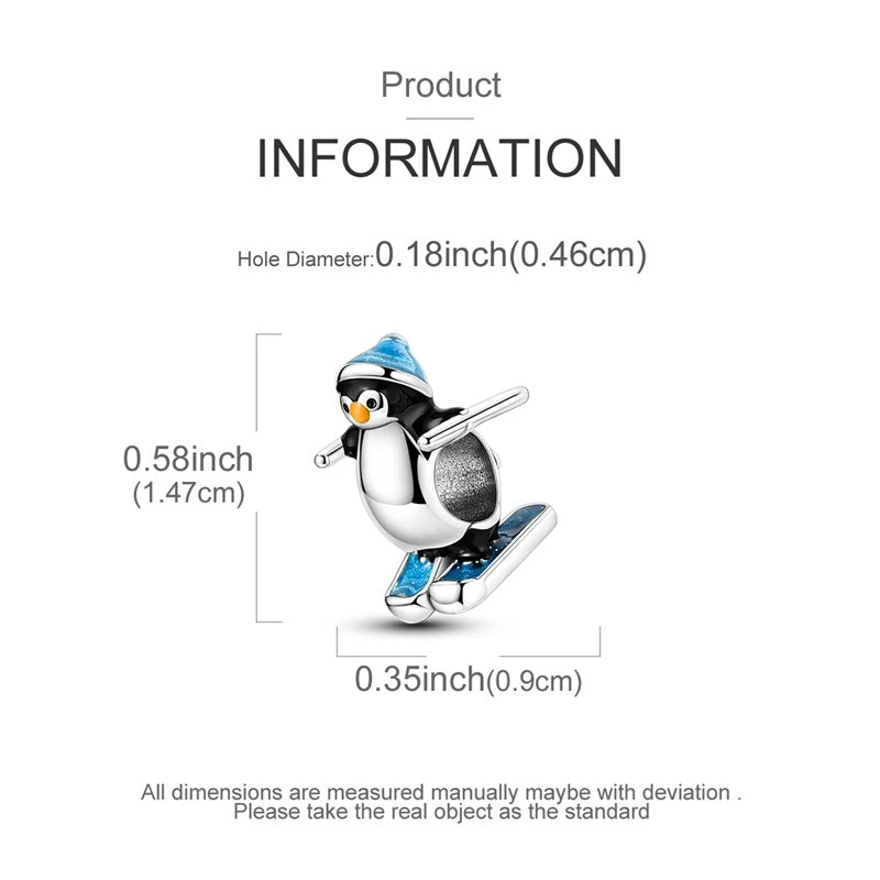 Skiing Penguin Bead Sterling Silver Charm Hallmarked S925 for Charm Bracelet and Necklace