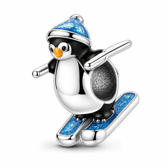 Skiing Penguin Bead Sterling Silver Charm Hallmarked S925 for Charm Bracelet and Necklace