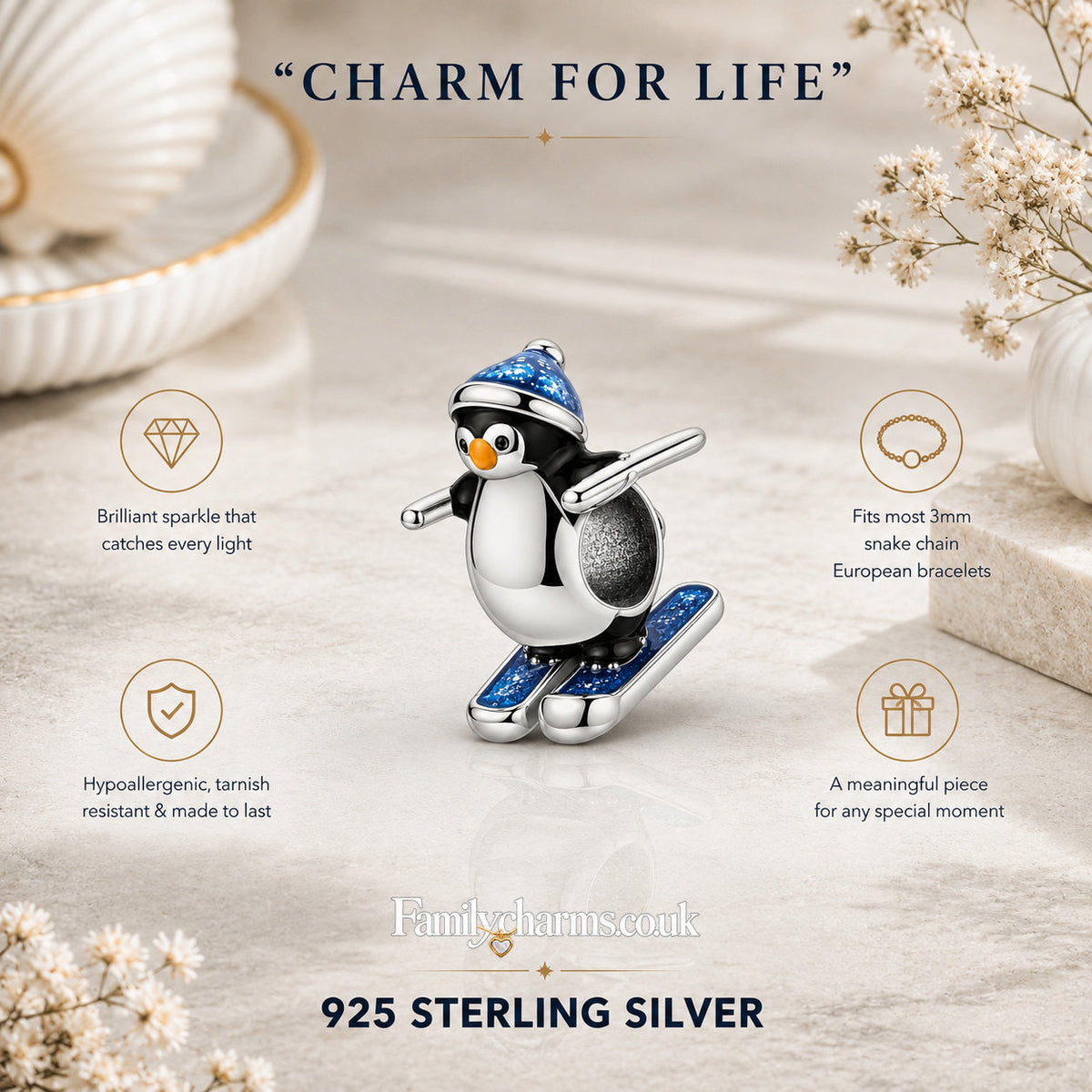 Skiing Penguin Bead Sterling Silver Charm Hallmarked S925 for Charm Bracelet and Necklace
