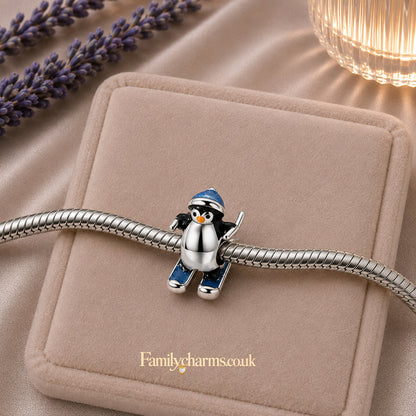 Skiing Penguin Bead Sterling Silver Charm Hallmarked S925 for Charm Bracelet and Necklace