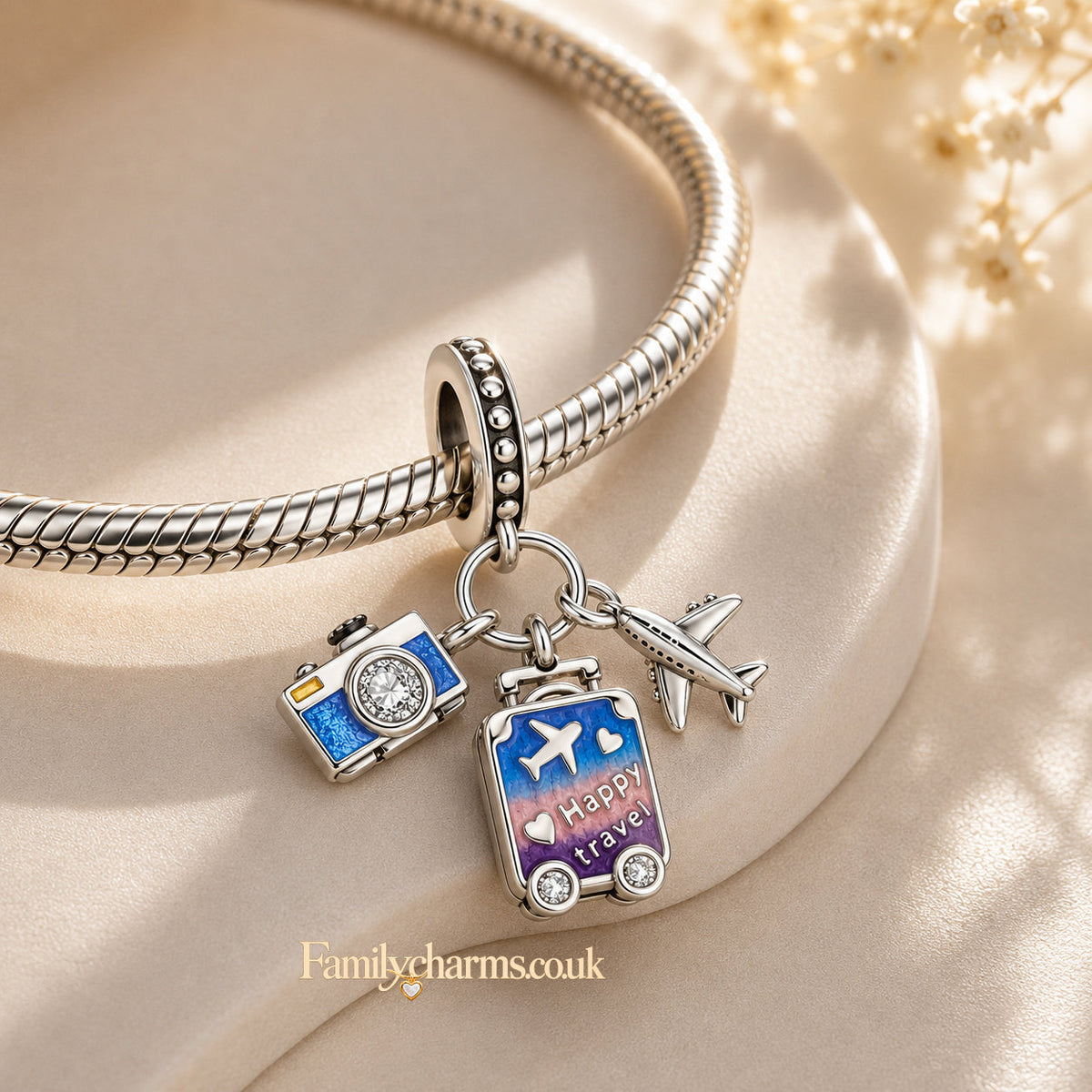 Sky Blue Purple Camera Airplane Suitcase Travel Pendant Charm Hallmarked S925 for Charm Bracelet and Necklace