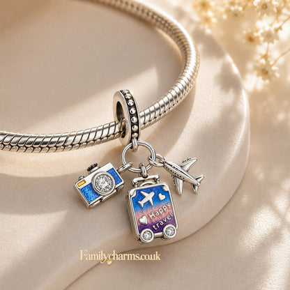 Sky Blue Purple Camera Airplane Suitcase Travel Pendant Charm Hallmarked S925 for Charm Bracelet and Necklace