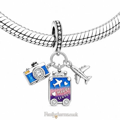Sky Blue Purple Camera Airplane Suitcase Travel Pendant Charm Hallmarked S925 for Charm Bracelet and Necklace