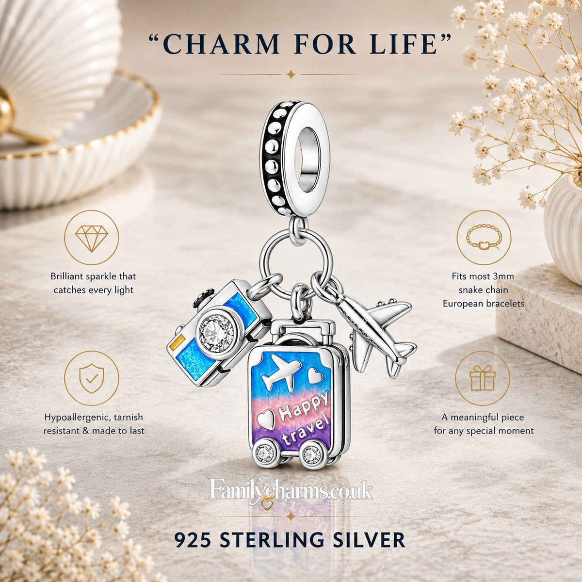 Sky Blue Purple Camera Airplane Suitcase Travel Pendant Charm Hallmarked S925 for Charm Bracelet and Necklace