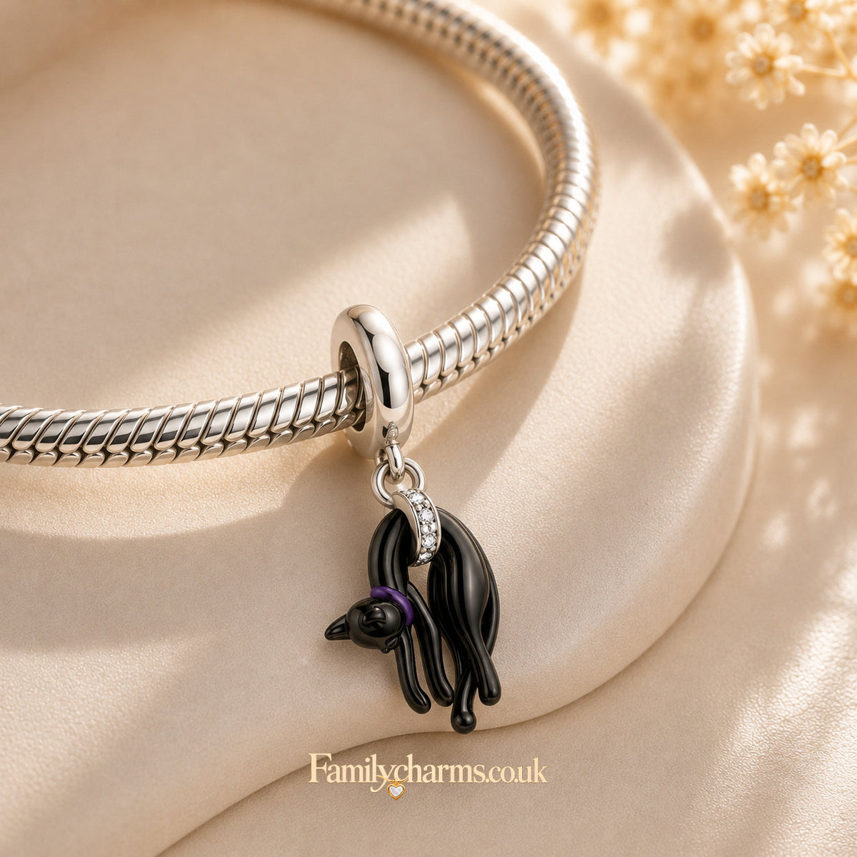Cute Black Cat Sterling Silver Charm Hallmarked S925 for Charm Bracelet and Necklace