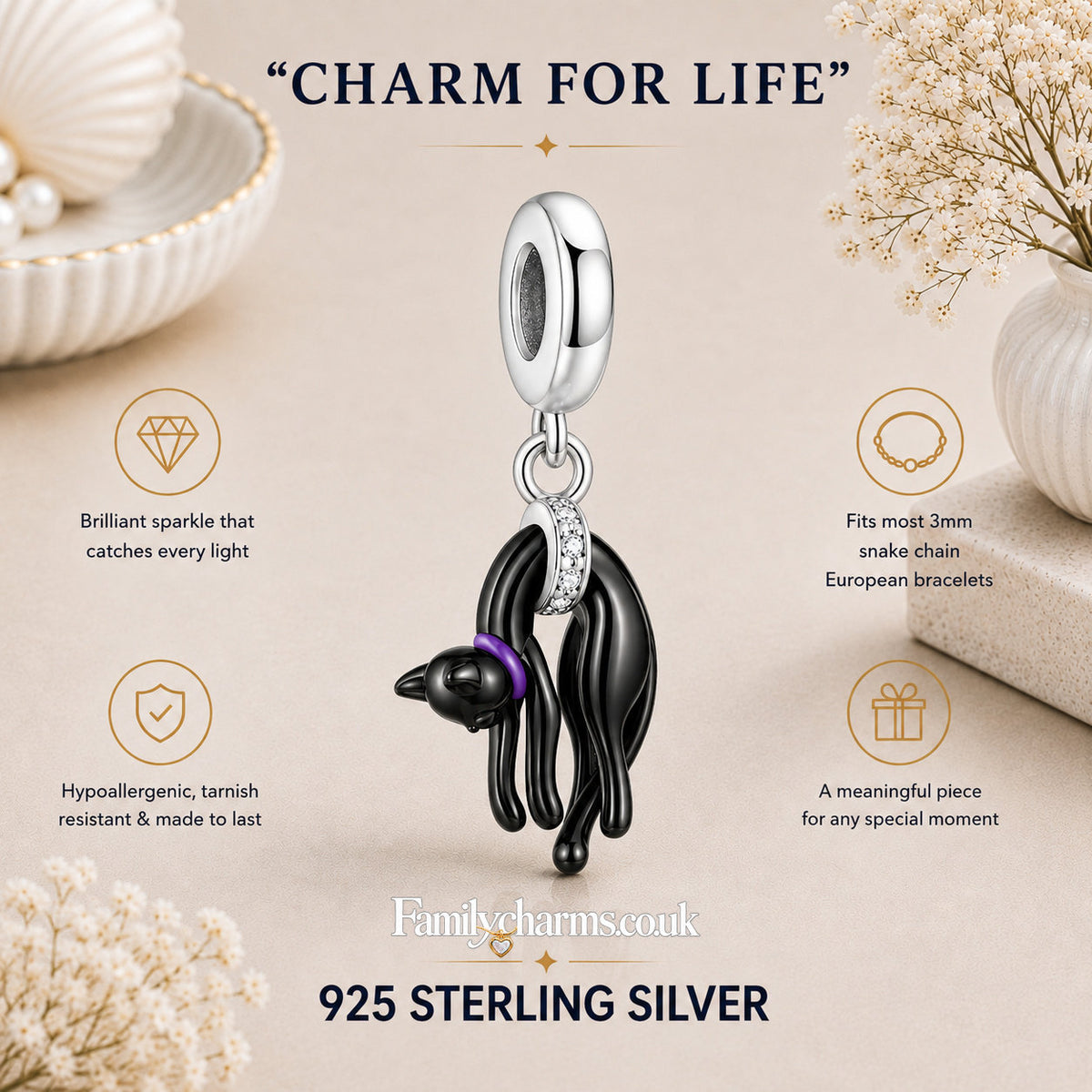 Cute Black Cat Sterling Silver Charm Hallmarked S925 for Charm Bracelet and Necklace