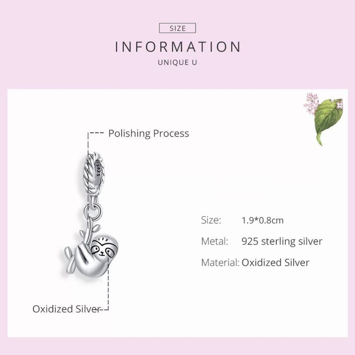 Sloth Charm for Bracelet, S925 Sterling Silver