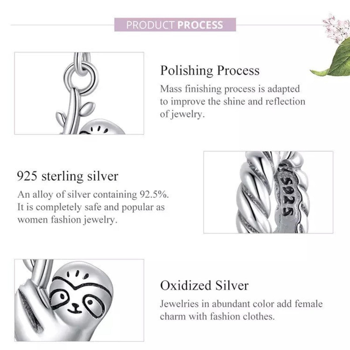 Sloth Charm for Bracelet, S925 Sterling Silver