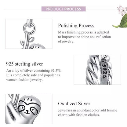 Sloth Charm for Bracelet, S925 Sterling Silver