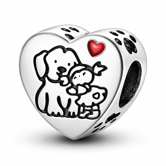 Small Girl Embraces Dog Puppy Pet Heart Charm for Bracelet, S925 Sterling Silver